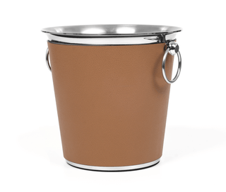steel wine cooler cylindrical champagne bucket leather sleeve handles side view