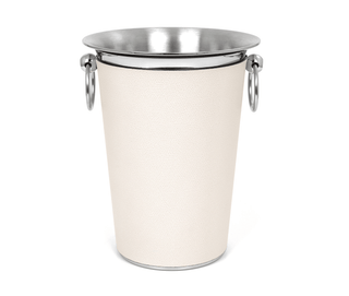steel wine cooler cylindrical champagne bucket leather sleeve handles front view