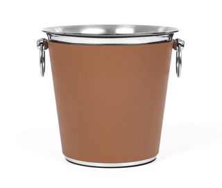 steel wine cooler cylindrical champagne bucket leather sleeve handles close-up