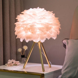 Tripod base feather lamp front — elegant warm design