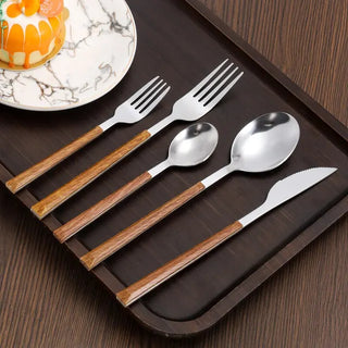 wooden handle cutlery durable stainless steel dining flatware wood grain side view