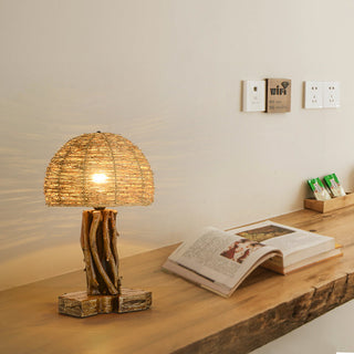 Rustic wooden lamp woven shade — side angle warm glow