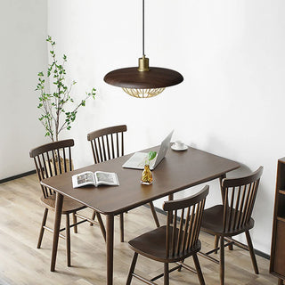 Wrought iron hanging lamp side view — hollow iron shade ceiling