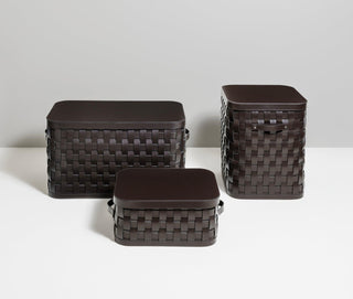 large rectangular durable upcycled leather outdoor storage basket close-up