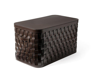large rectangular durable upcycled leather outdoor storage basket front view
