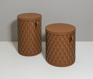 short round handwoven laundry storage basket bathroom outdoor close-up