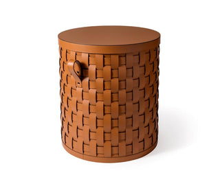 short round handwoven laundry storage basket bathroom outdoor front view