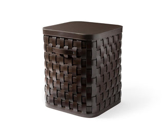 large square upcycled leather outdoor storage basket front view
