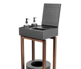 elegant wood frame sanitizer stand storage box leather side view
