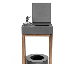 elegant wood frame sanitizer stand storage box leather detail