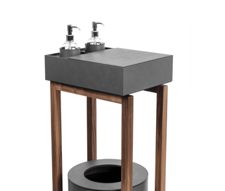 elegant wood frame sanitizer stand storage box leather close-up