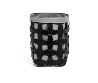 handwoven cotton fabric laundry basket leather handle removable liner side view