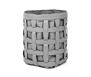 handwoven cotton fabric laundry basket leather handle removable liner close-up