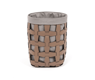 handwoven cotton fabric laundry basket leather handle removable liner detail