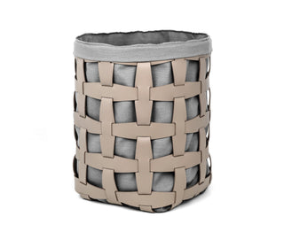 handwoven cotton fabric laundry basket leather handle removable liner angle view