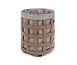 handwoven cotton fabric laundry basket leather handle removable liner front view