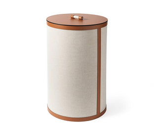 Penelope tall round designer laundry basket leather trim front view