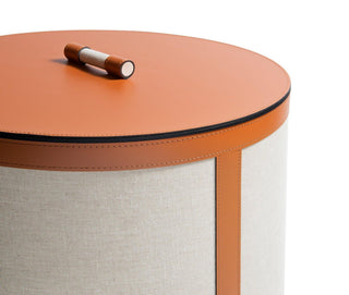 Penelope tall round designer laundry basket leather trim close-up