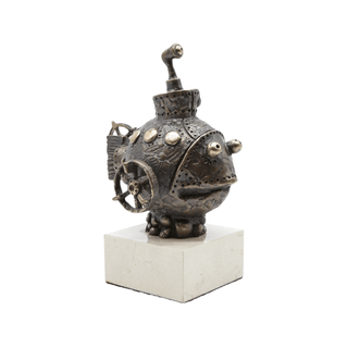 bronze fish designer figurative art sculpture marble base front view