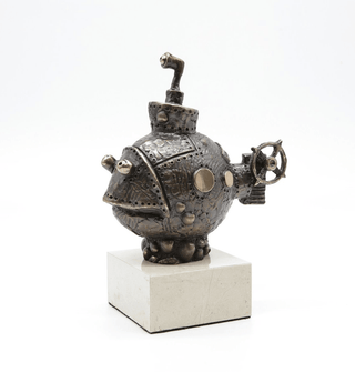 bronze fish designer figurative art sculpture marble base angle view