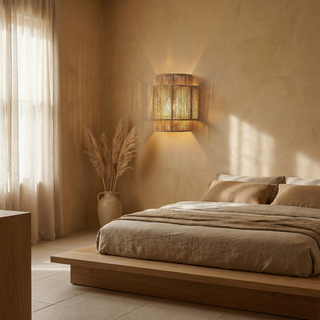Bohemian Wall Lamp – Woven Rattan Natural Wall Sconce with Soft Light Diffuser