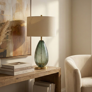 Amber Glass Table Lamp – Prisma Designer Lamp With Soft Fabric Shade & Metal Base