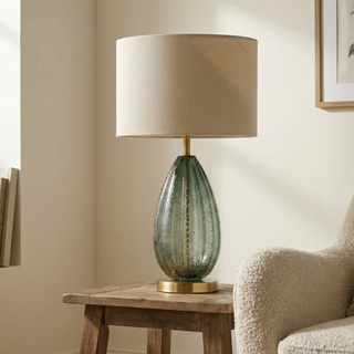 Vintage Bedside Lamp – Striated Glass Table Lamp with Gold Aluminium Base