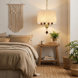 Minimalist Pendant Light – Natural Wood Lamp with Fabric Lampshade for Cozy Room Illumination