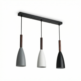 Scandinavian Pendant Lamp – Three Light Fixture with Metal Wood Pendant & Natural Wood Collar