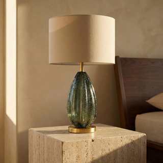 Amber Glass Table Lamp – Prisma Designer Lamp With Soft Fabric Shade & Metal Base