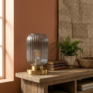 Ribbed Glass Table Lamp – Nordic Designer Lamp with Brushed Gold Base
