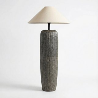 Japanese Ceramic Floor Lamp – Sculpted Base With Beige Fabric Lampshade & Touch Switch
