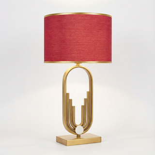 Lampe de table architecturale – Pied de lampe sculptural avec abat-jour en tissu à liseré doré