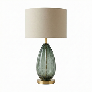 Lampe de table en verre ambré – Lampe de créateur Prisma avec abat-jour en tissu doux et base en métal