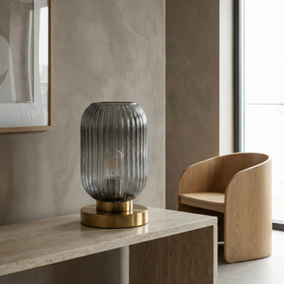 Ribbed Glass Table Lamp – Nordic Designer Lamp with Brushed Gold Base
