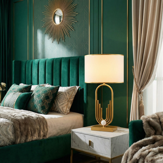 Architectural Table Lamp – Sculptural Lamp Base with Gold Trim Fabric Shade