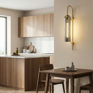 Cylindrical Glass Wall Lamp – Modern Wall Sconce with Gold Arm Lighting