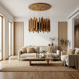 Wooden Pendant Light – Sculptural Ceiling Light with Adjustable Cable | Living Room Lighting