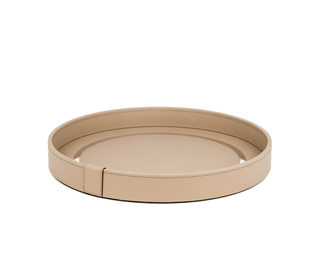 wooden round tray pinetti durable wood calfskin leather chromed frame close-up