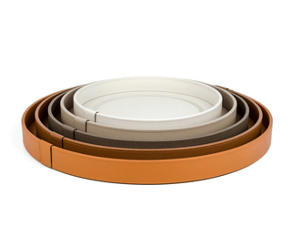 wooden round tray pinetti durable wood calfskin leather chromed frame side view