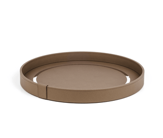 wooden round tray pinetti durable wood calfskin leather chromed frame front view