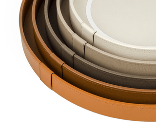wooden round tray pinetti durable wood calfskin leather chromed frame detail