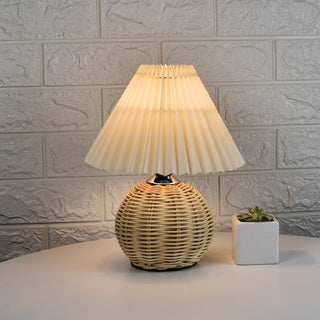 Woven bamboo desk lamp front view — natural texture pleated lampshade