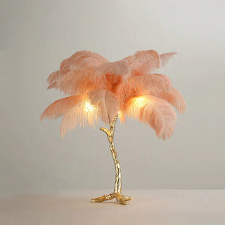 Feather floor lamp illuminated — luxury resin warm glow