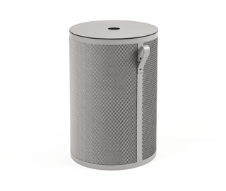 tall round storage basket recycled leather cotton canvas front view