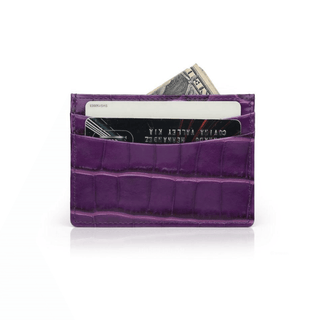 italian leather card holder haven dark magenta crocodile pattern luxury wallet side view