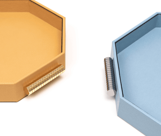 leather octagonal tray pinetti designer chrome gold handles angle view