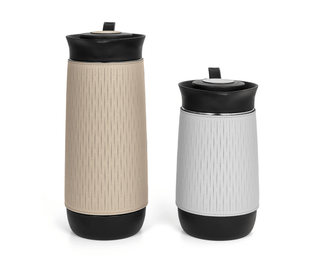 thermal carafe modern coffee pot removable leather cover glass interior set view