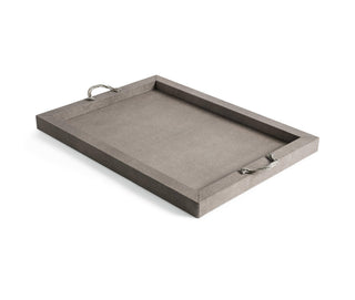 wooden serving tray pinetti rectangular leather chrome gold handles close-up