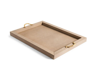 wooden serving tray pinetti rectangular leather chrome gold handles side view